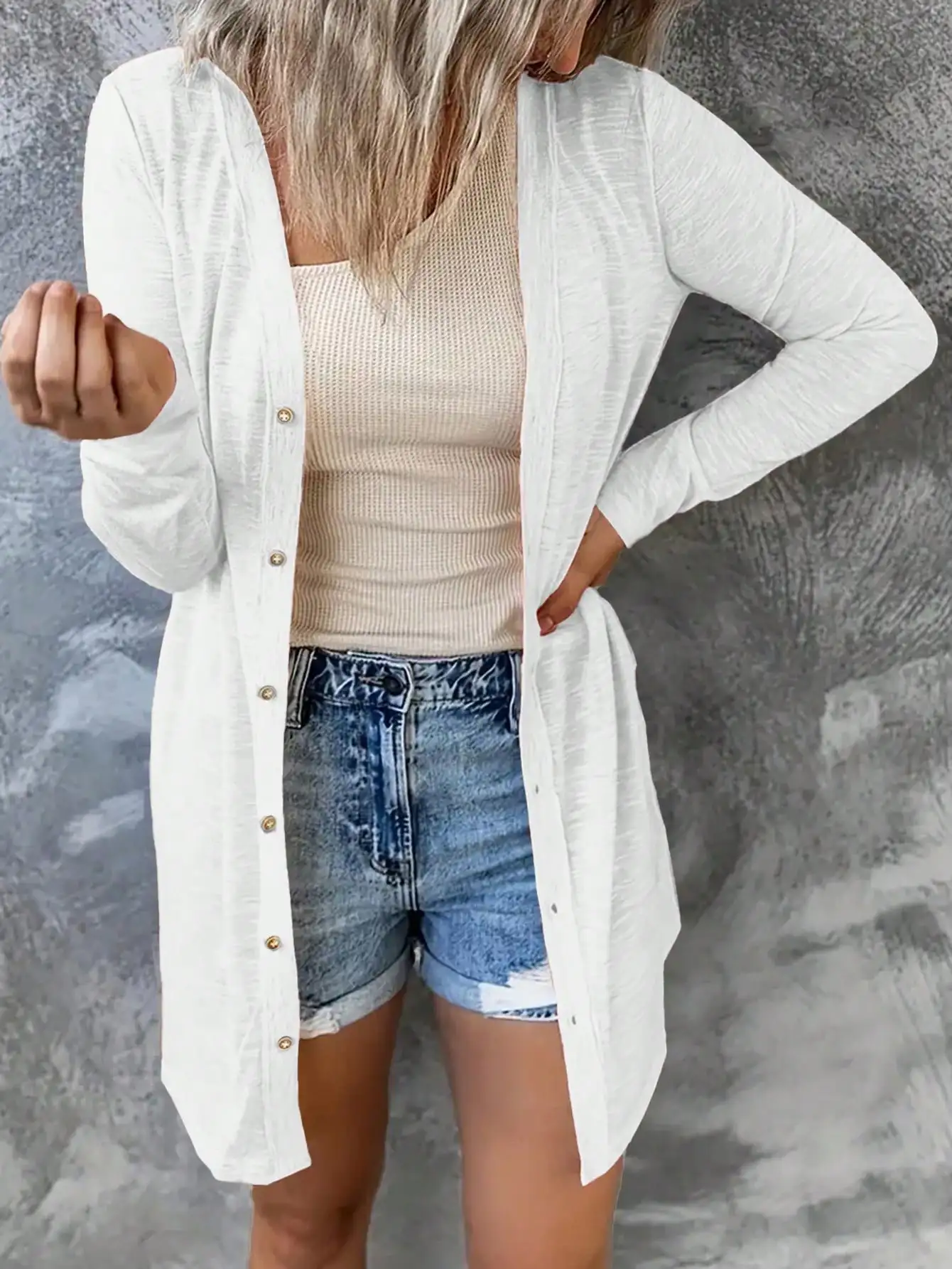 

Женский белый кардиган с длинными рукавами и открытой передней частью для повседневной носки, осень-зима