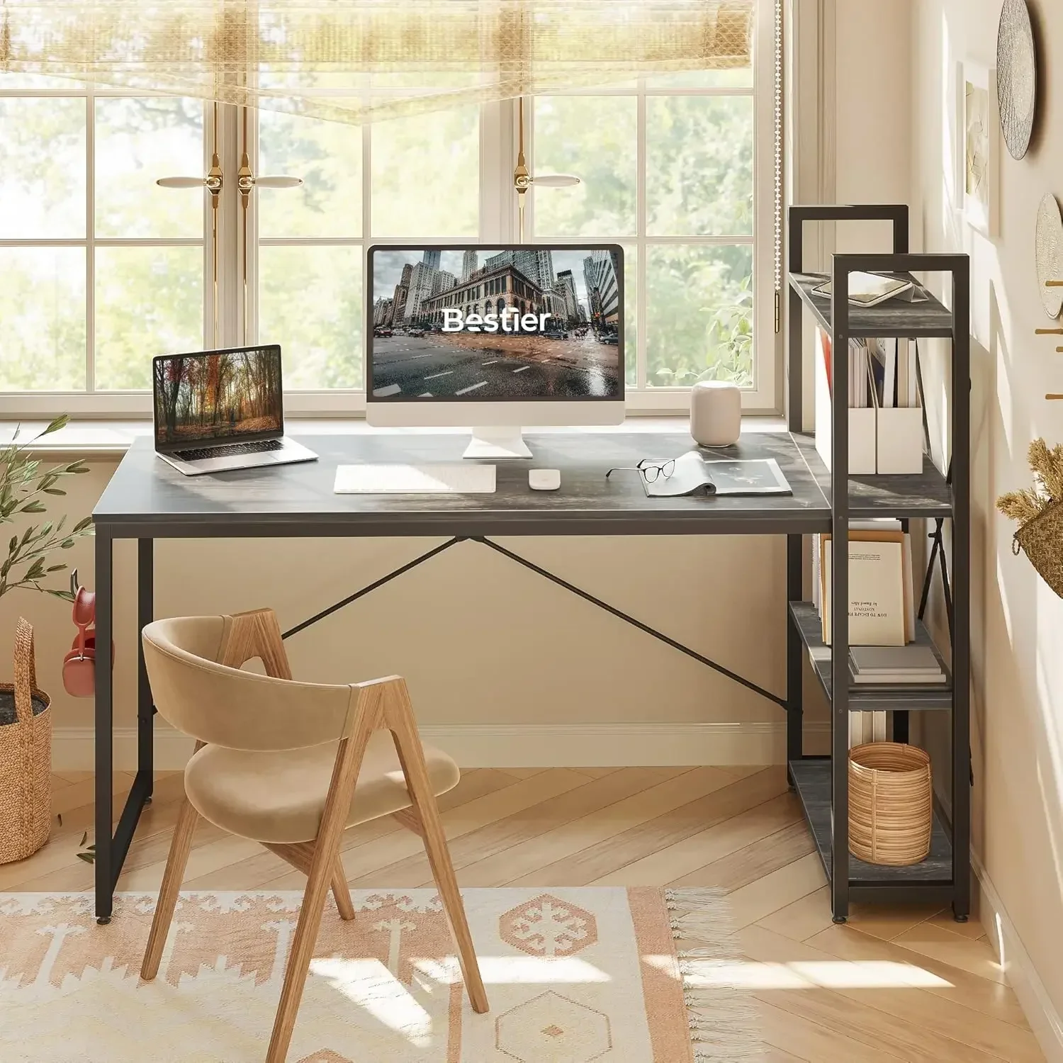 

63 Inch Computer Desk with Adjustable Shelves, Simple Writing Desk with Reversible Bookshelf