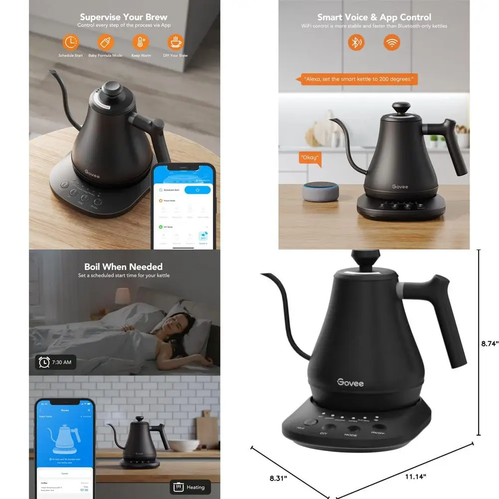 

WiFi Gooseneck Pour Over Kettle, Variable Temp, 1200W, 100% Stainless Steel, 0.8L, Matte Black