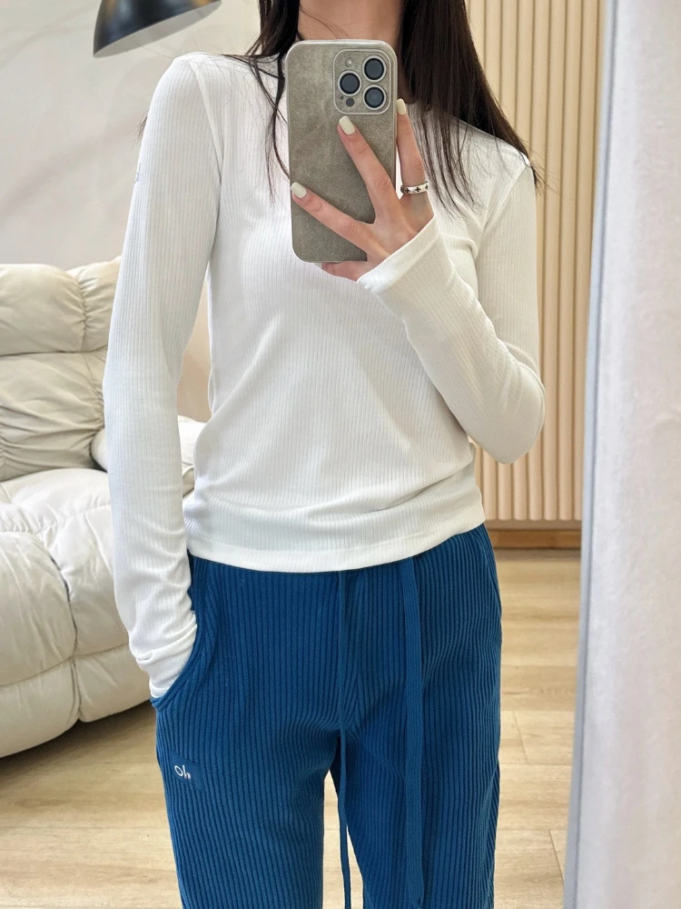T-shirt de yoga pour femme, manches longues, col rond, en coton, coupe ajustée, décontracté, pour le fitness, la course, le sport, simple, uni, tricoté