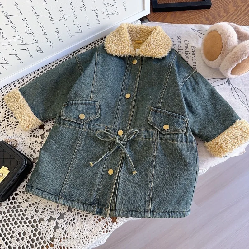 Winter Girls Denim Coats Woolen Warm Kids Dresses Fashion Children Casual Overcoats Baby Girl Winter Clothes 2 3 4 5 6 7 8Yrs