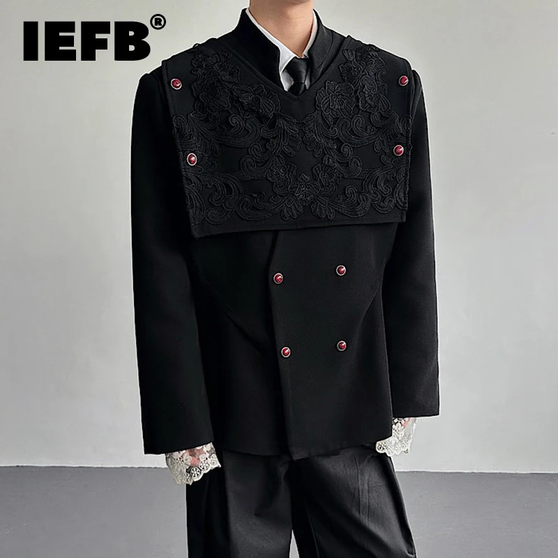 IEFB 2026 Primavera Nuevo Traje Negro para Hombre, Chaqueta con Bordado de Corte, Encaje y Parches, Diseño de Nicho Informal con Cuello en V, Blazers CPG5180