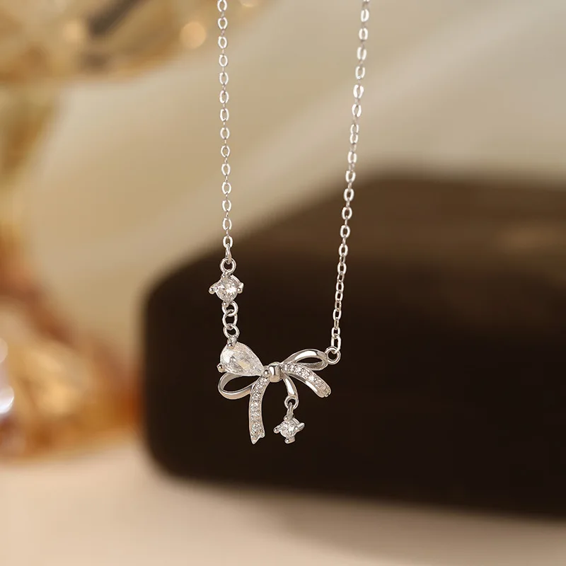 S999 Pure Silver Bow Clavicle Necklace Sweet Cute Style Minimal Neck Jewelry Fashion Daily Lovely Pendant Accessories for Girls