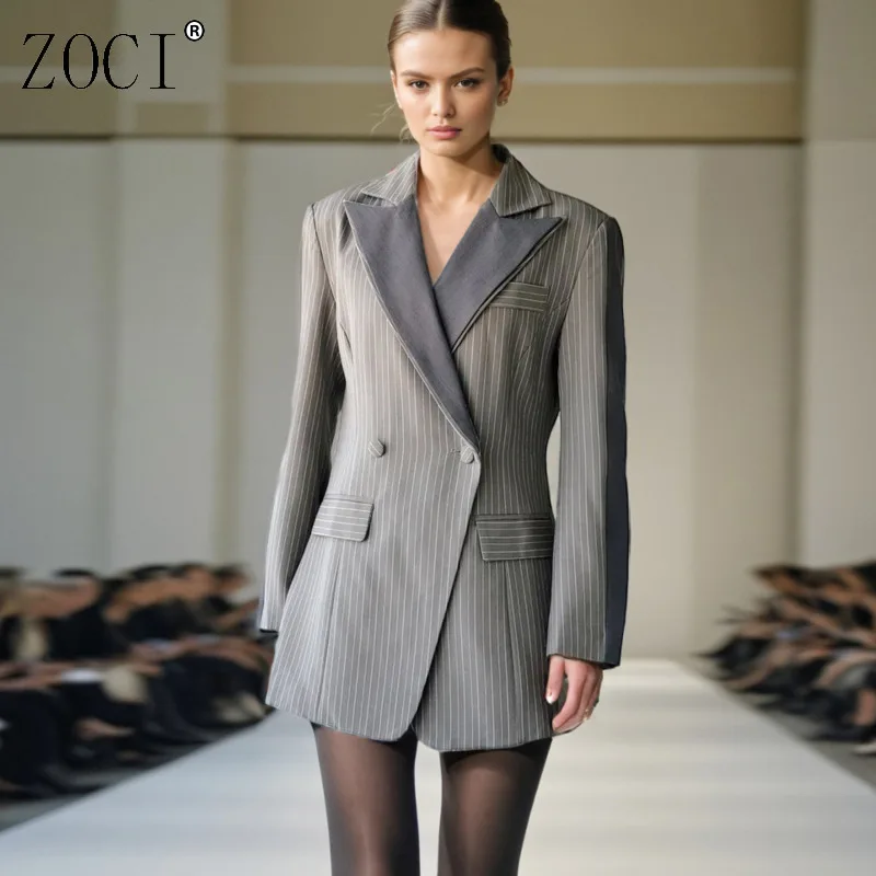 

ZOCI Stitching Color Women's Blazers Striped Suit Jackets Female Notched Collar Office Lady Fashion Tops 2025 Autumn New