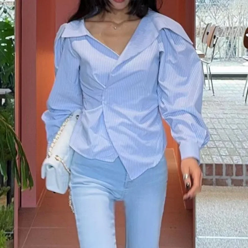 Korean Chic Irregular Shirts & Blouses Stripe Women 2024 Blusas Puff Long Sleeve Ropa Mujer Spring Autumn New Camisas Blusa