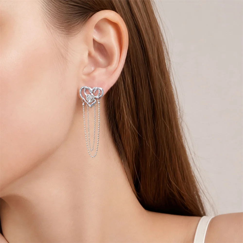 Lovely Silver Color Plating Chain Tassel Hollow Heart Clear Gem Decorated Stud Earrings For Women Girl Cute Romantic Jewelry