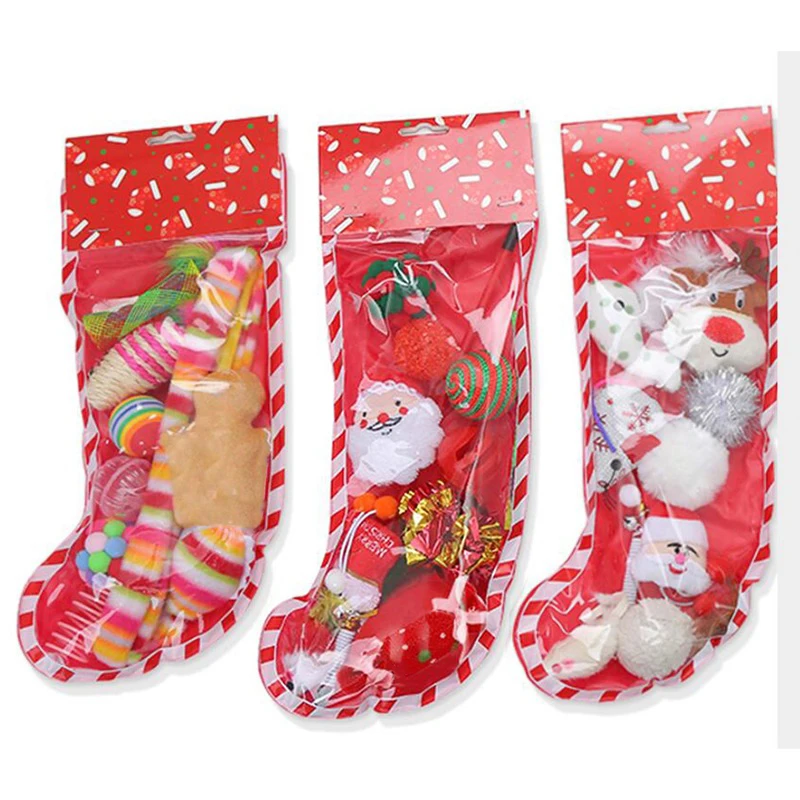 Cat Toys Christmas Pet Toys Collection Combo Cat Toys Set Sock Shape Plastic Plush Bag Card Heads Self-healing Free Combination