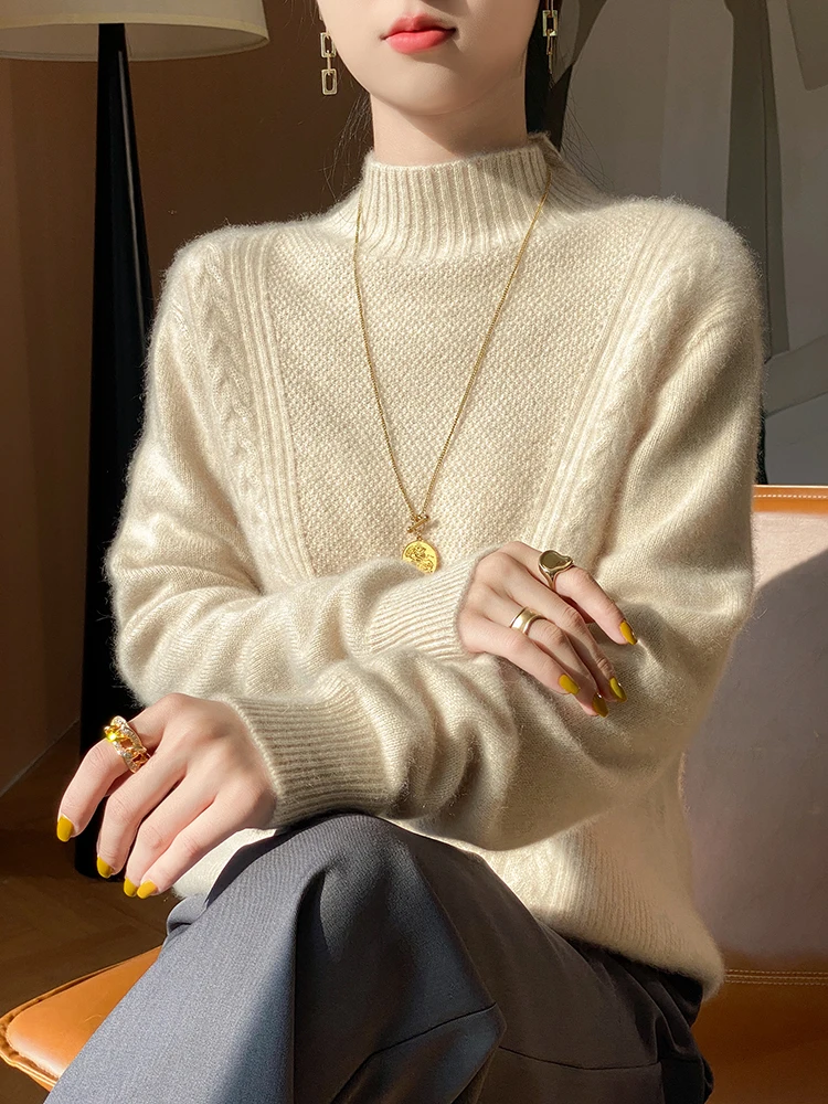 

Women Mock Neck Sweater 100% Merino Wool Autumn Winter Basic Pullover Long Sleeves Cashmere Knitted Jumper Female Clothing Tops