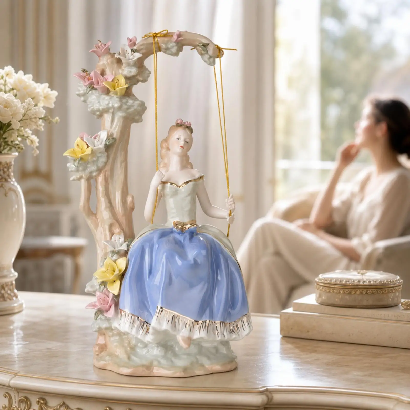 Girl on Swing Figurine European Ceramic Girl on Swing Glossy Figurine with