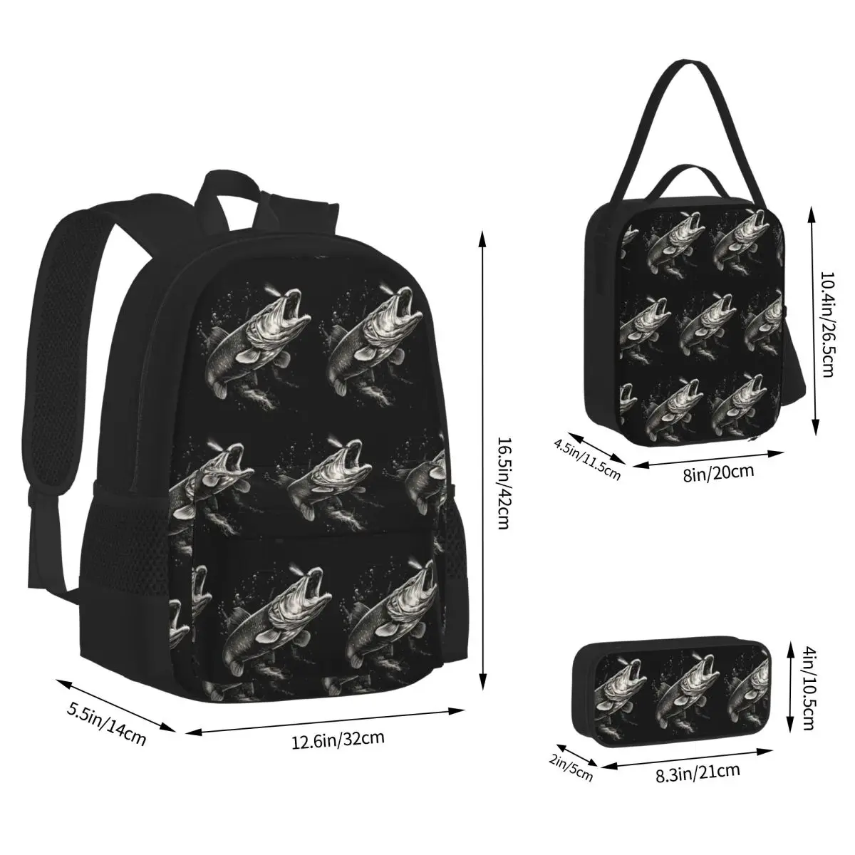 Fishing Lover Pike Fish Design Backpacks Kids Bookbag School Bags Rucksack Lunch Bag Pen Bag Three-Piece Set