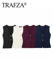 TRAFZA Women's Fashion V-Neck Sleeveless Gold Button Knitted Vest Female Chic Elegant Solid Single-Breasted Casual 4-Color Tops