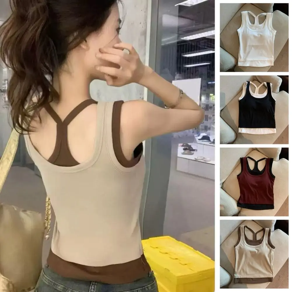 

Girls Patchwork Camisole Women Slim Fit Sleeveless Camisole With Chest Fake Two Pieces Crop Tops Suspender Vest Spring Summer