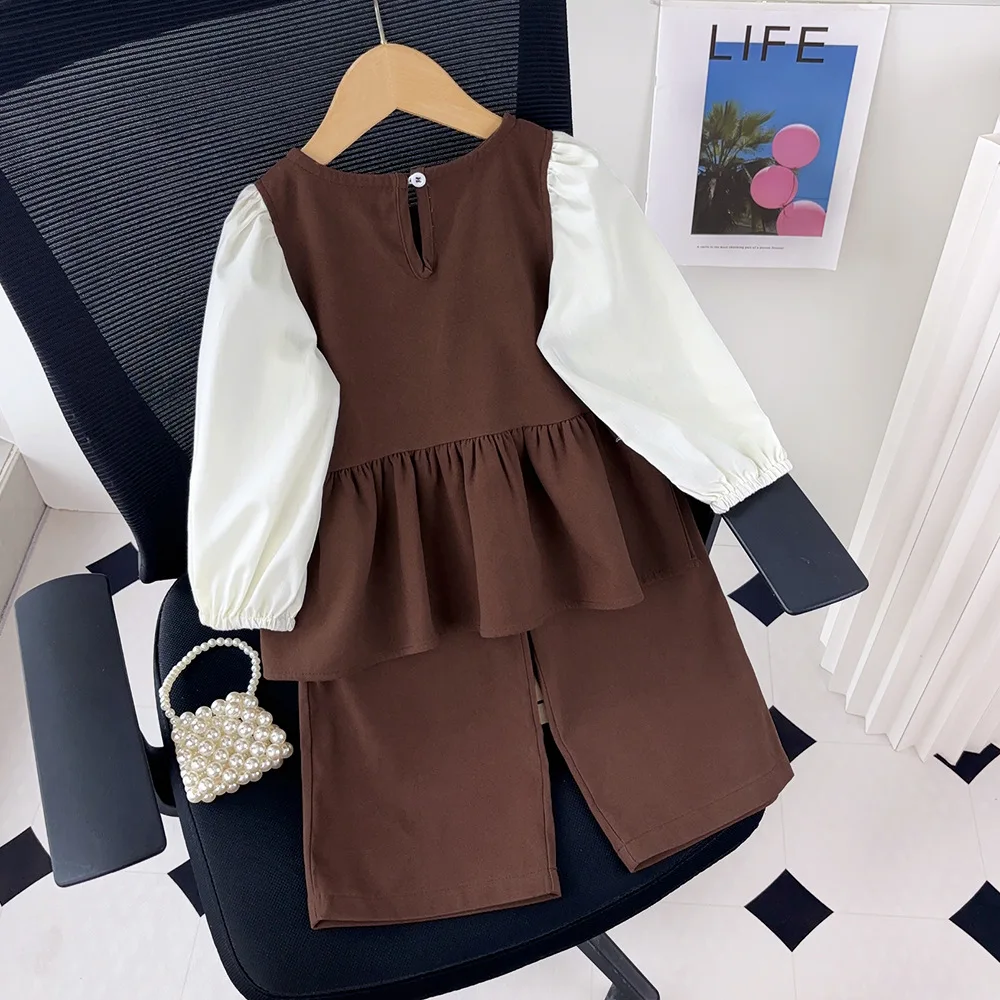 Childrens Sets Girl Autumn New Color Blocking Retro Style Two Pieces Korean Trousers Childrens Clothing 2024 Pleated Fashion