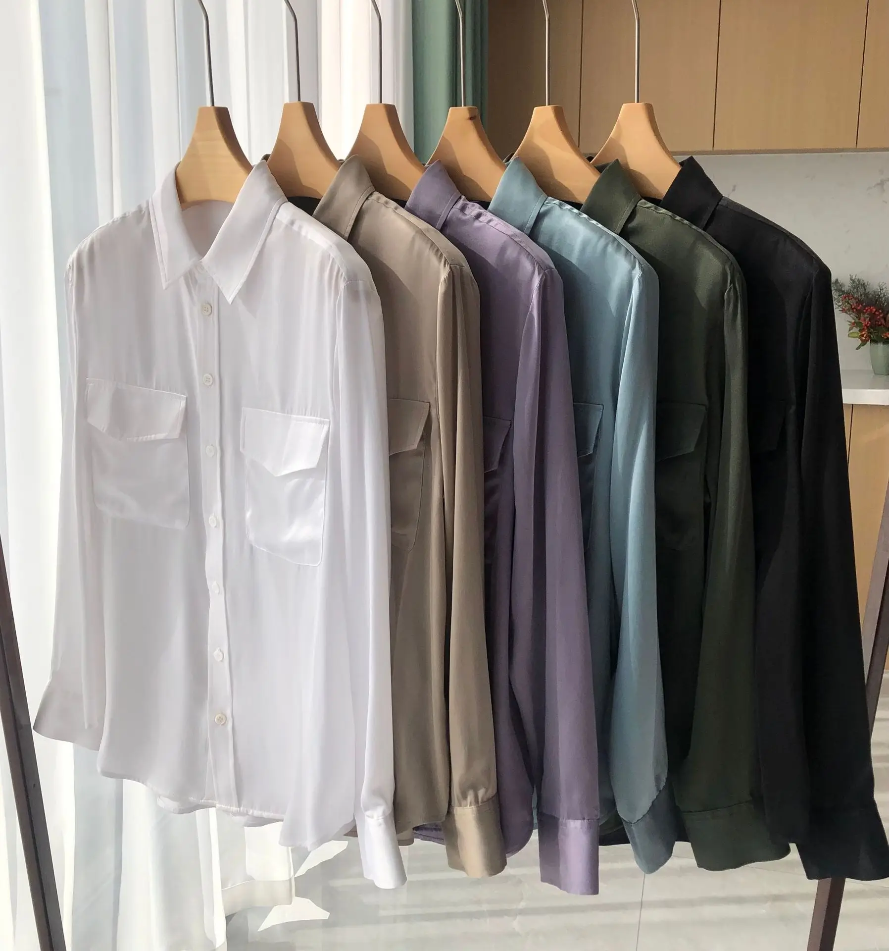 

Niche Sand Washed 100% Silk Shirts Long-Sleeved Shirt Solid Button Lapel Casual Blouses Noble Autumn Loose Tops Tunic Blusas