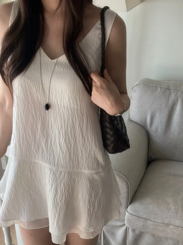 

Chic Vest Dr Women's Anti-Aging Summer Texture Me Splicing Design Sensation White Dr Faionable Clothing Dres