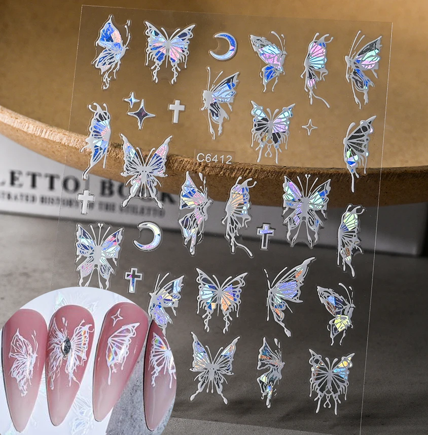 1pc Laser Butterfly Nails Stickers 3D Holographic Shiny Sliver Gold Design Fairy Fluidic Butterflies Stars Manicure Decals #NK