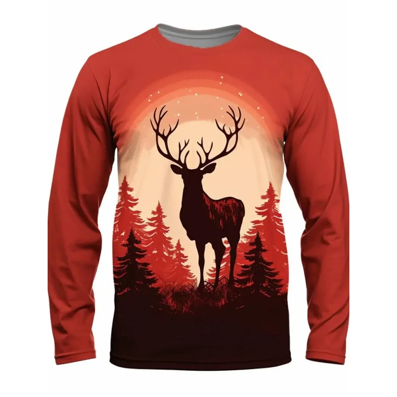 عيد الميلاد الرجال تي شيرت ثلاثية الأبعاد طباعة الأيائل/ثلج الرسومات عادية كم طويل طاقم الرقبة قميص الربيع والخريف الملابس الرسم #5