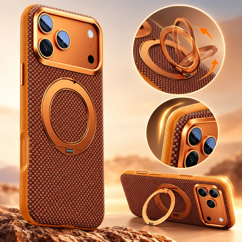 Kevlar Case for iPhone 18 17 Pro Max MagSafe Magnetic 360 Rotating Stand Shockproof Full Protection Phone Cover Ring Holder