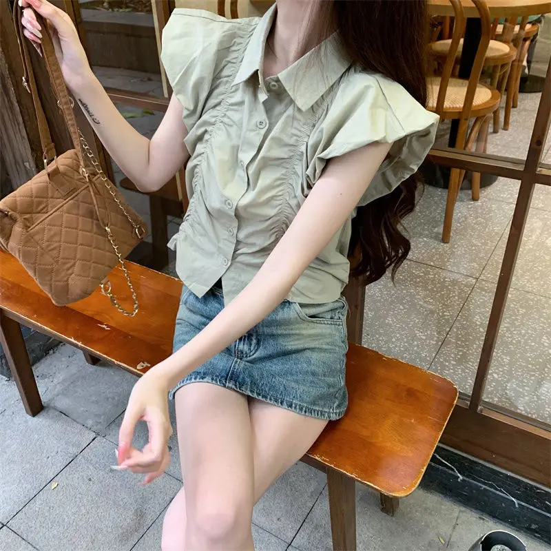 Summer New Fashion-forward Korean Version Looks Slimming Reduce Age Sweet Pleated Sleeveless Shirt Niche French Slim Women's Top