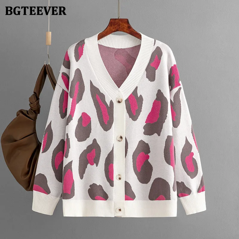 BGTEEVER Stylish Loose Leopard Women Open Stitch Sweaters Elegant V-neck Long Sleeve Female Knitted Cardigans