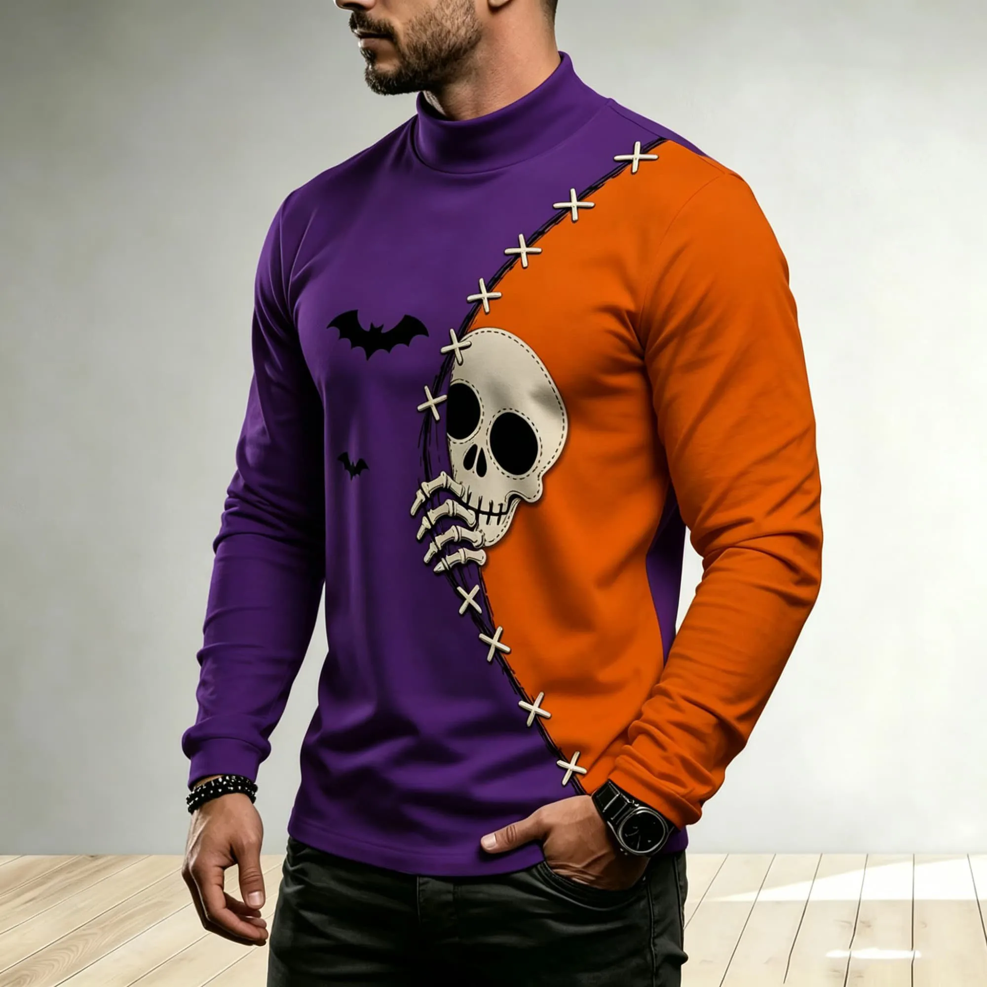 Men Casual Festival T‑Shirt Mock Neck Long‑Sleeve Two‑Color Block Skeleton  Graphic Lightweight Polyester Pullover Tops
