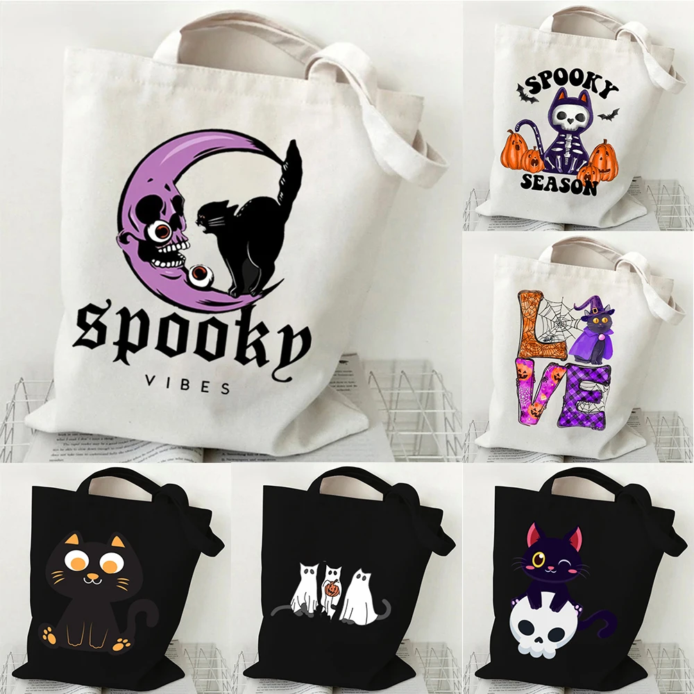 Bolso de mano de Halloween con estampado de gato y bolsa de compras de lona con luna, estilo vintage Harajuku para fiestas, festivales y uso diario