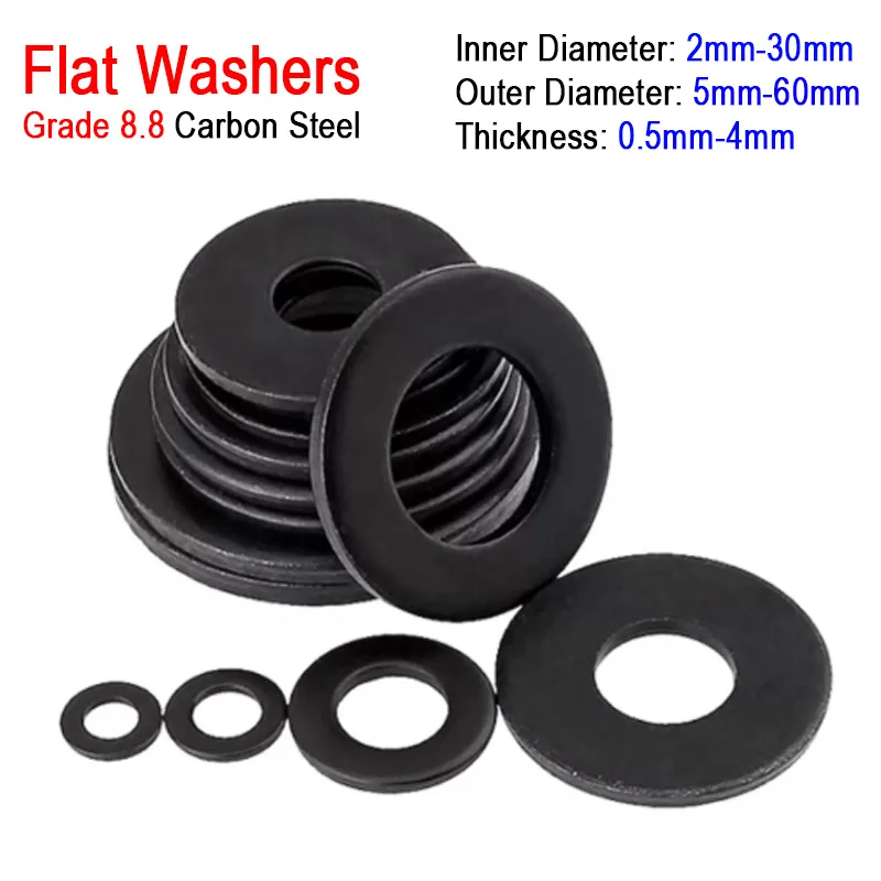 1~100pcs 8.8 Grade Black Carbon Steel Flat Washer Flat Washers M2 M2.5 M3 M4 M5 M6 M8 M10 M12 M14 M16 M18 M22 M24 M27 M30