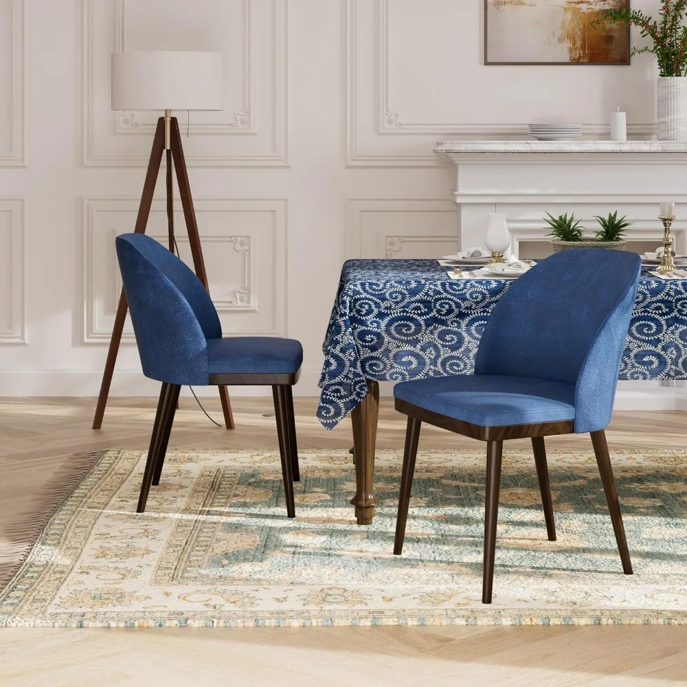 

Upholstered Dining Chairs Set of 2, Modern Dining Room Chairs, Mid-Back Restaurant Kitchen Chairs with Wooden Legs, Blue