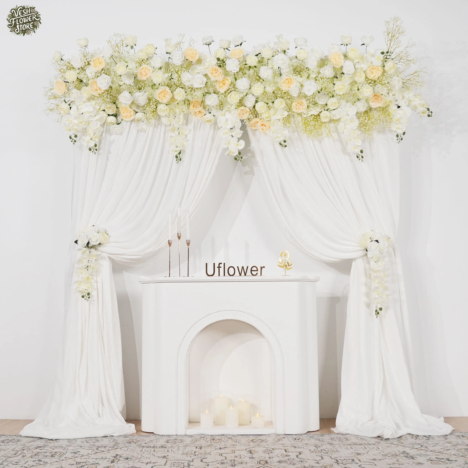 Uflower Artificial Creamy Yellow Champagne Flower Row Roses Outdoor Wedding Curb Party Banquet Hotel Event Background Decor