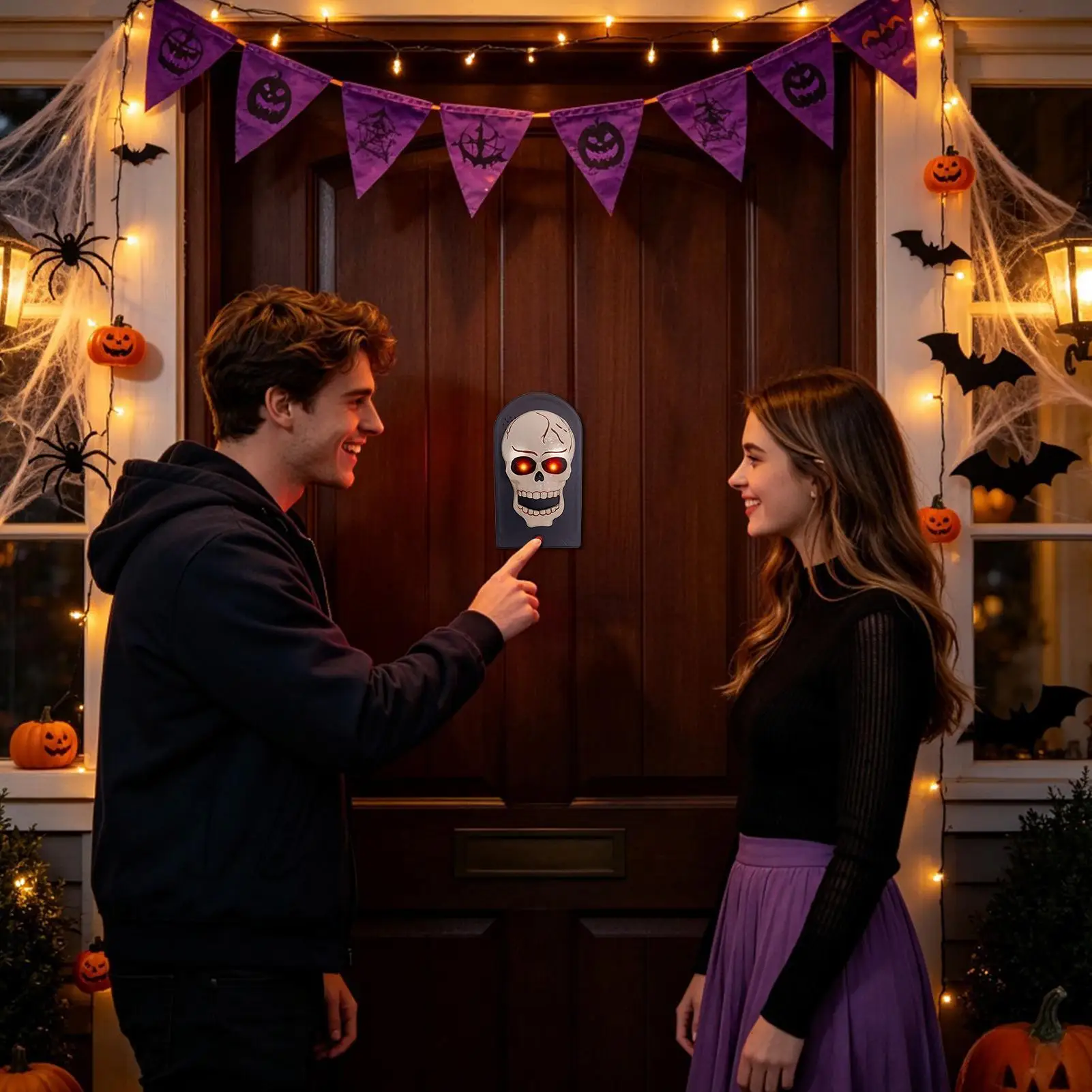 Halloween LED Door Bell LED Light Sound Cordless Spooky Realistic Skull Skeleton Door Bell Horror Sound Prop For Porch Entrance