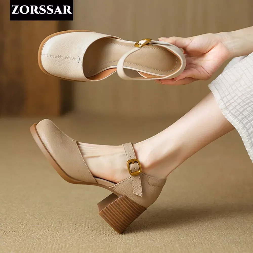 2024 Genuine Leather Square Heel Pumps Womens High Heels Baotou Sandals Summer Woman French Elegance Retro Dress Shoes Female