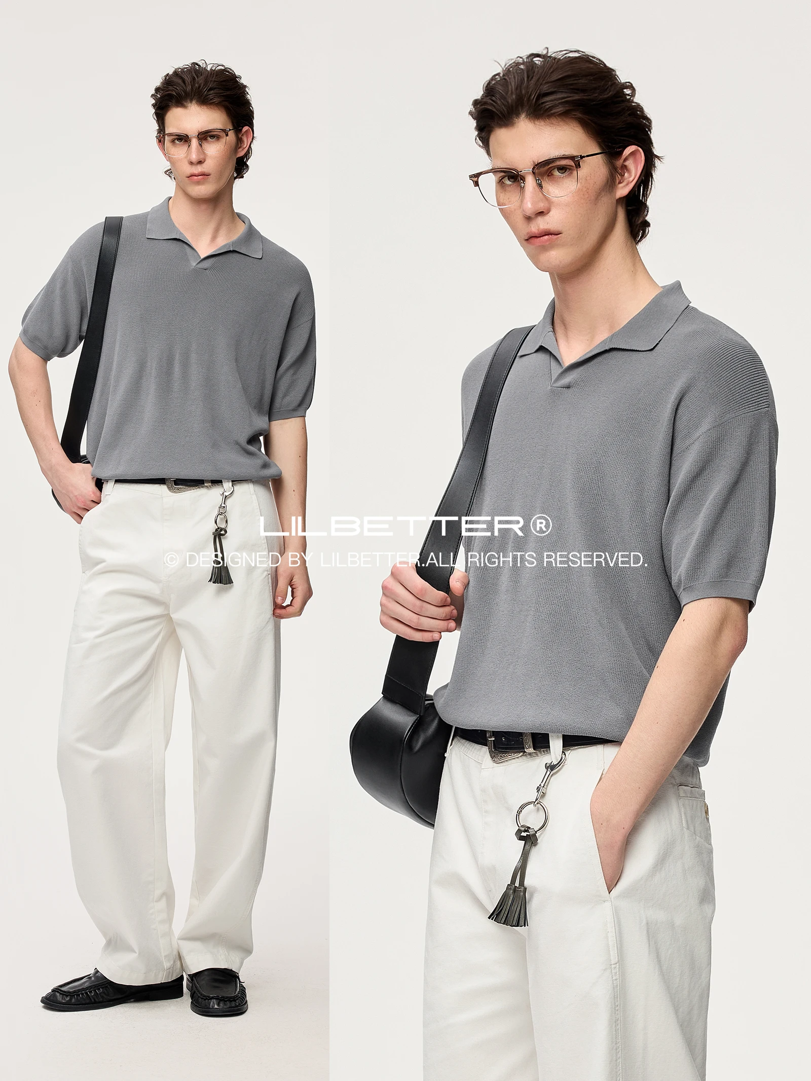 Lilbetter Knitted Loose Fit  Shirt V-Neck Short Sleeve Breathable Summer Fashion Casual Male T-Shirt Grey Lazy Style