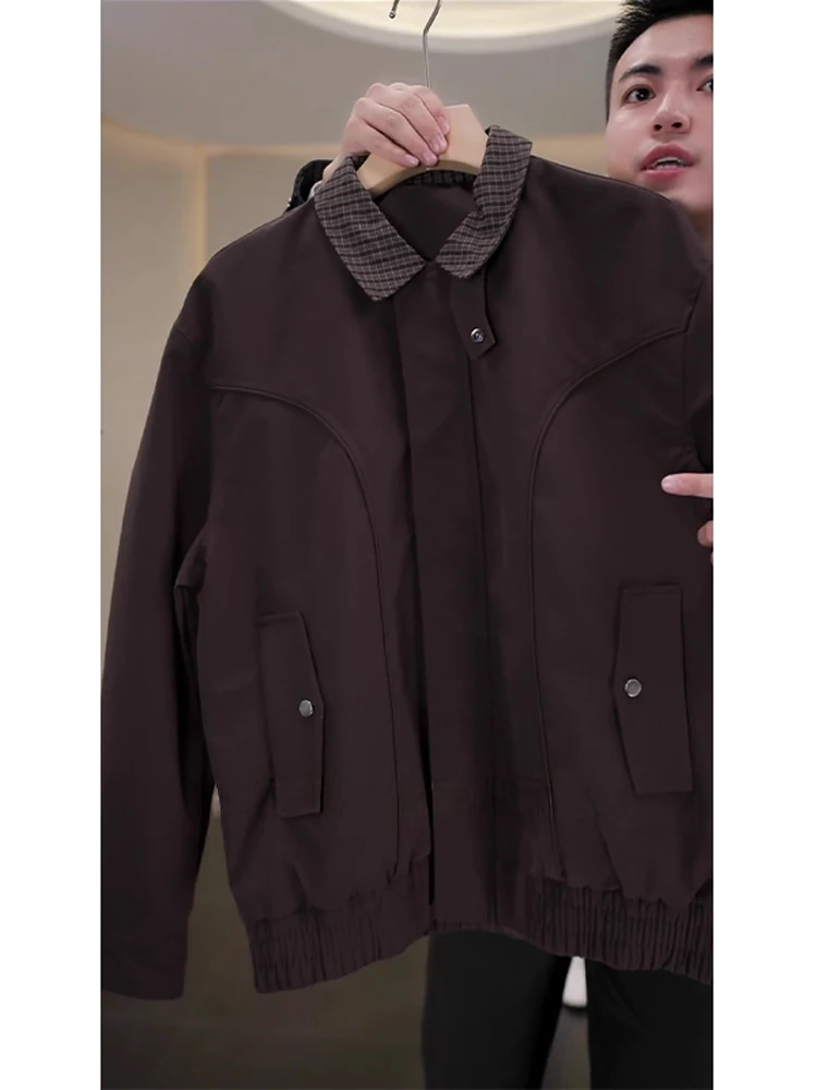 

Ce Brown American Retro Stand Collar Jaet Men's Sle Autumn 3D Tailoring Baseball orm Color Blo Plaid Collar Workw...