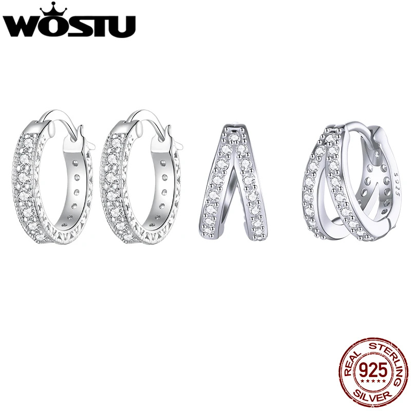 WOSTU Round Circle Hoop Earrings For Women 925 Sterling Silver Full of Bling Clear CZ Wedding Drop Earring Party Jewelry Gift