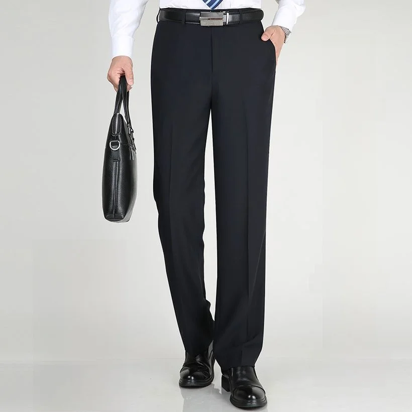 

New Trendy Men's Anti-Wrinkle Casual Trousers Comfortable Warm Straight Leg Elastic Waist Autumn Winter Long Cotton Blend Pol...