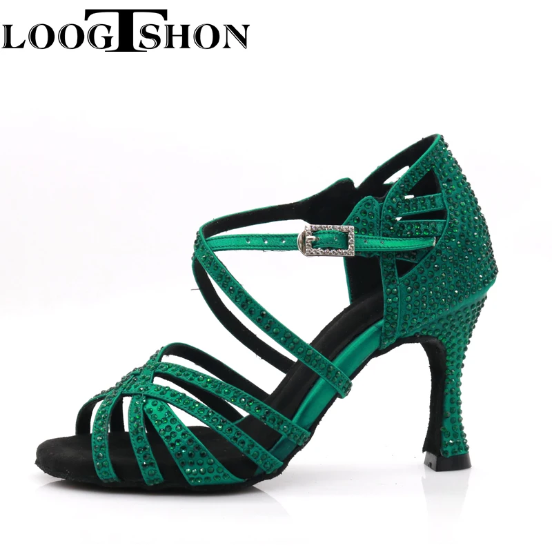 Logtshon salsa scarpe da ballo scarpe da ballo latino per donna, tacco 9CM, verde, scarpe da ballo flessibili per pantofole da ballo da donna