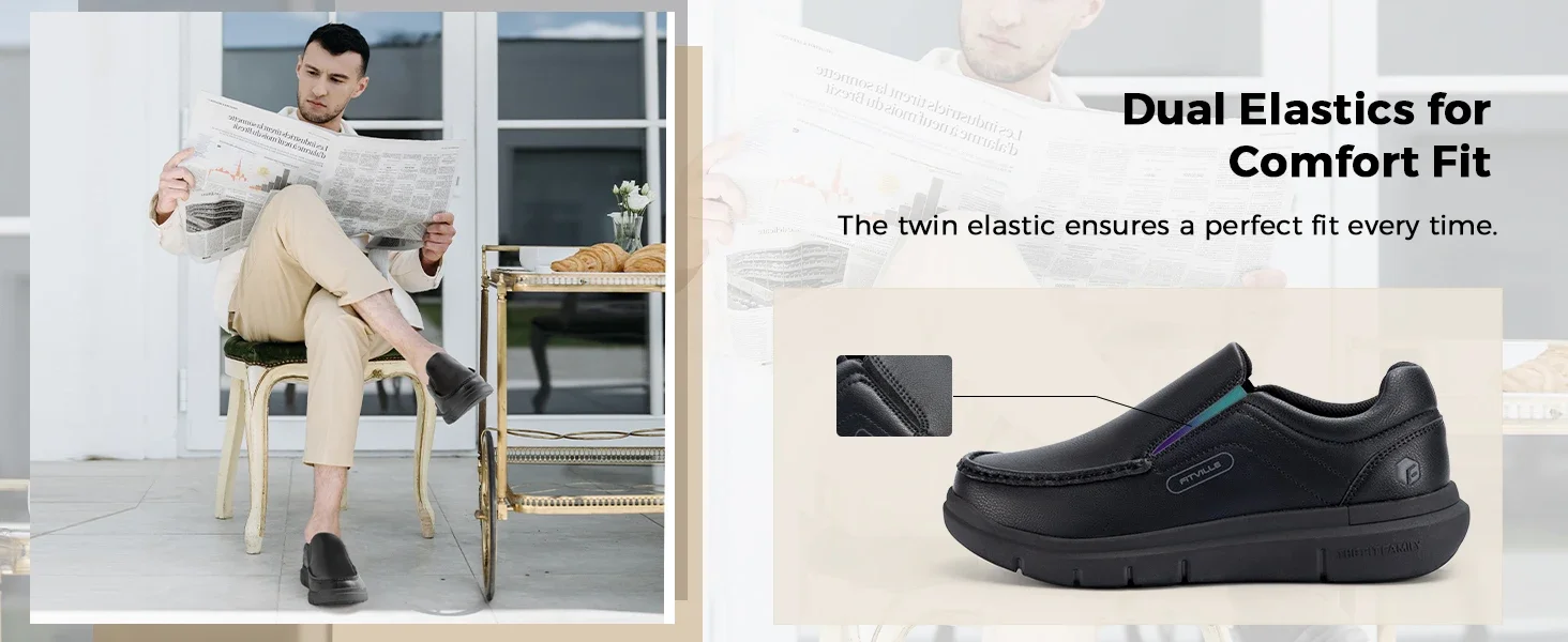 Fitville Herren-Slip-On-Freizeitschuhe, Lederschuh, breite Breite 2E, leicht, für geschwollene Füße, mit Schmerzlinderung im Fußgewölbe – Detail 5