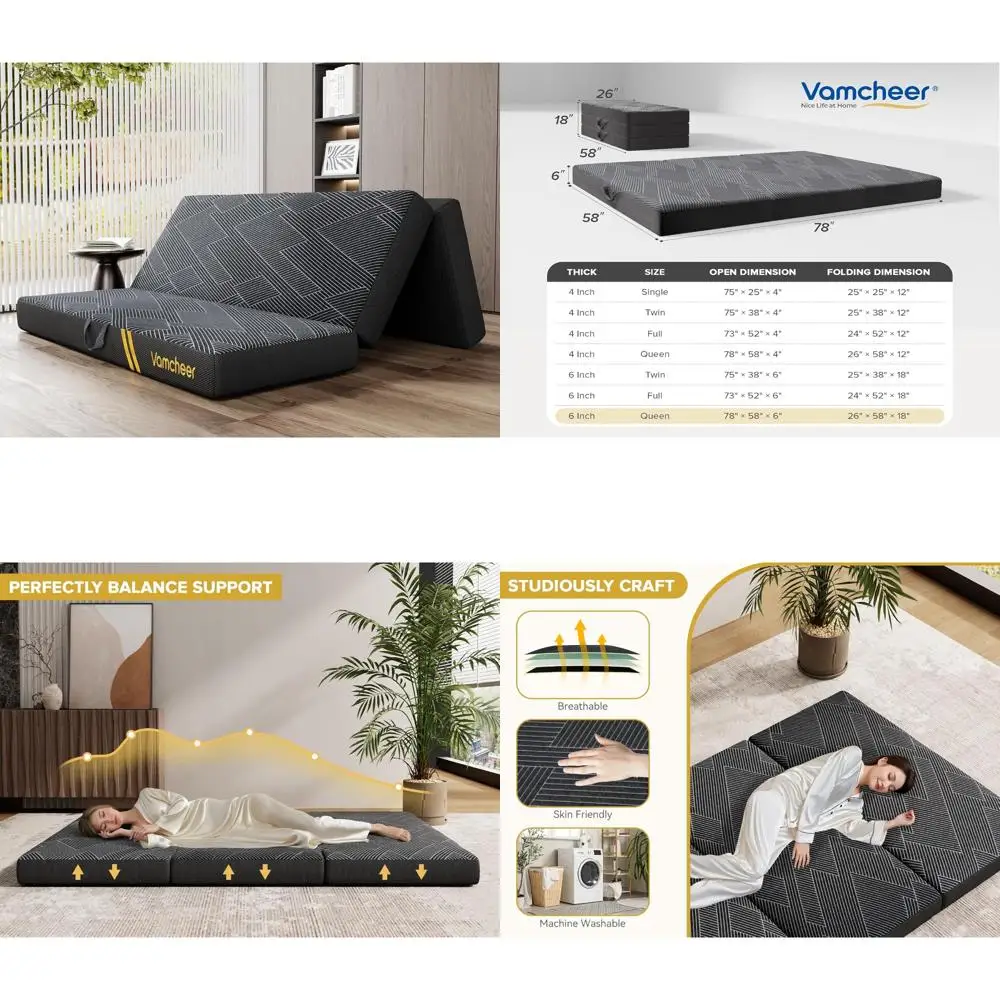 

6-Inch Queen Size Tri-Fold Memory Foam Mattress with Collapsible and Washable Cover