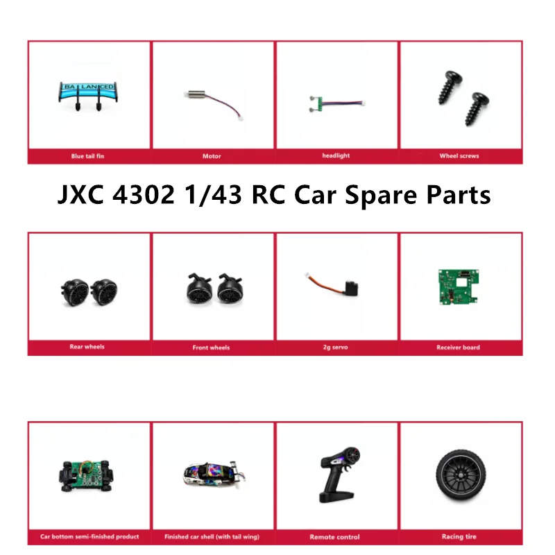 4302 1/43 Pièces détachées pour voiture RC, arbre de transmission, carrosserie, servomoteur, carte de réception, télécommande, roue, lumière de voiture