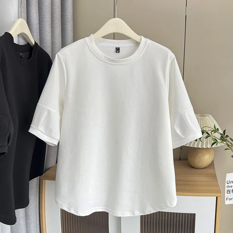 

Summer New 100kg Simple Casual Splicing five-quarter Sleeve Top Plus Size Lantern Sleeve T-shirt Female 2504