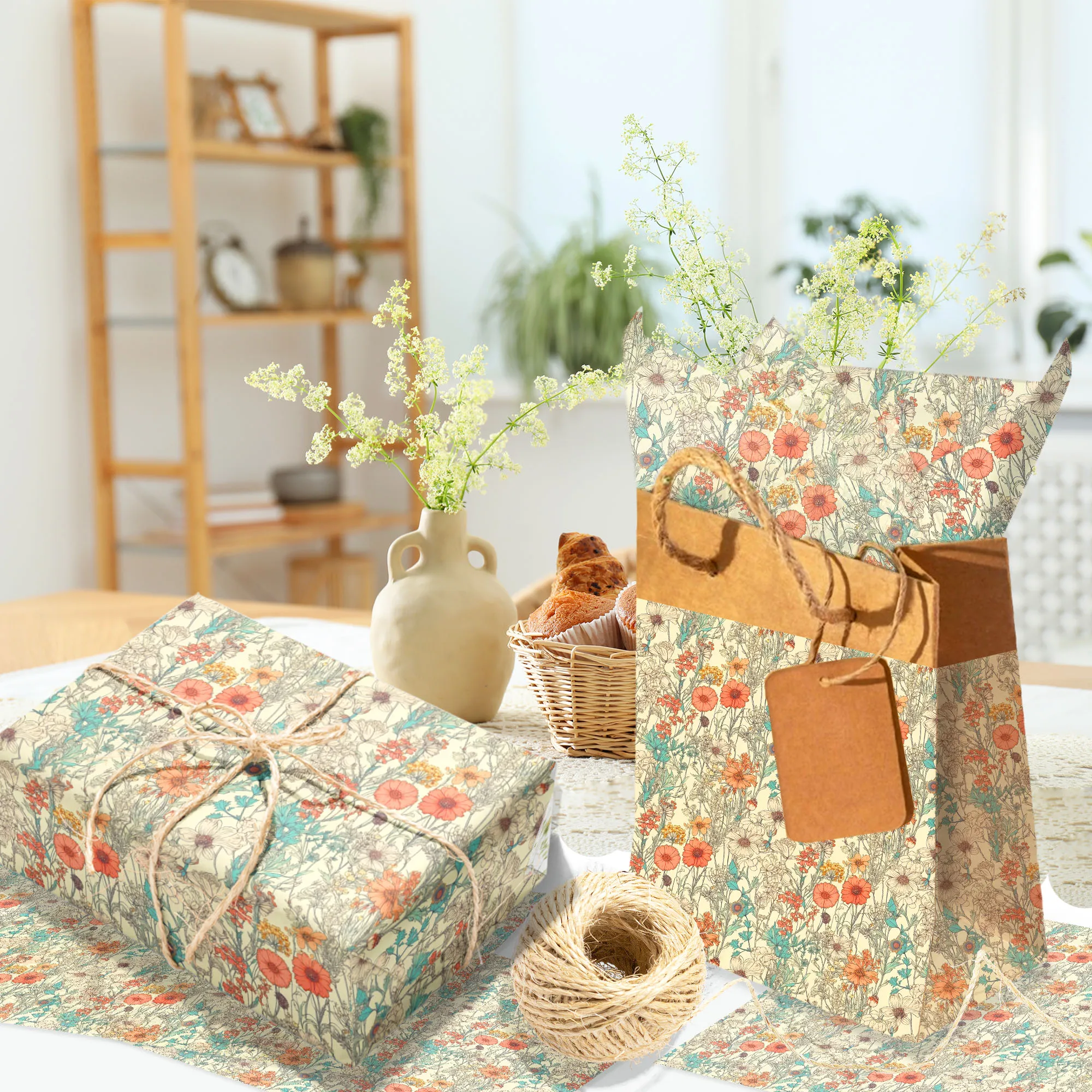 15pcs/35pcs Vintage Wildflower Tissue Paper Floral Theme Gift Wrapping Paper DIY Art Tissue for Wedding, Valentine’s Day