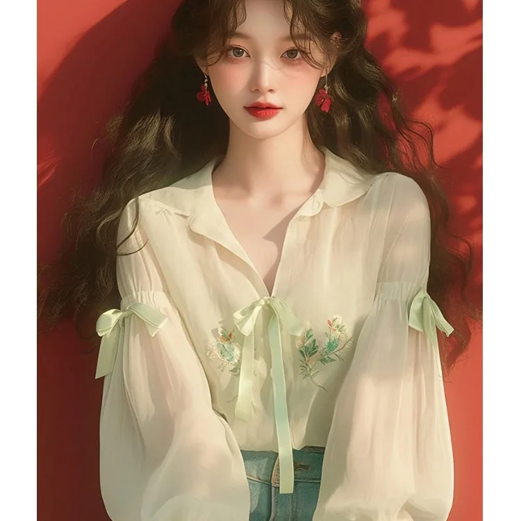 

Sweet Princ Sle een Sun Protection Long Sve Chiffon irt Unique Beautiful Spring 2025 Women's Faion Top