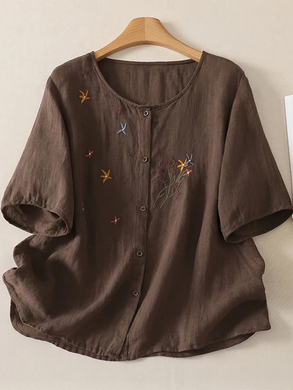 

Artistic Style Embroidered Cotton Linen round Neck Short Sleeve Shirt Women Summer Thin Breathable Casual Slimming Top