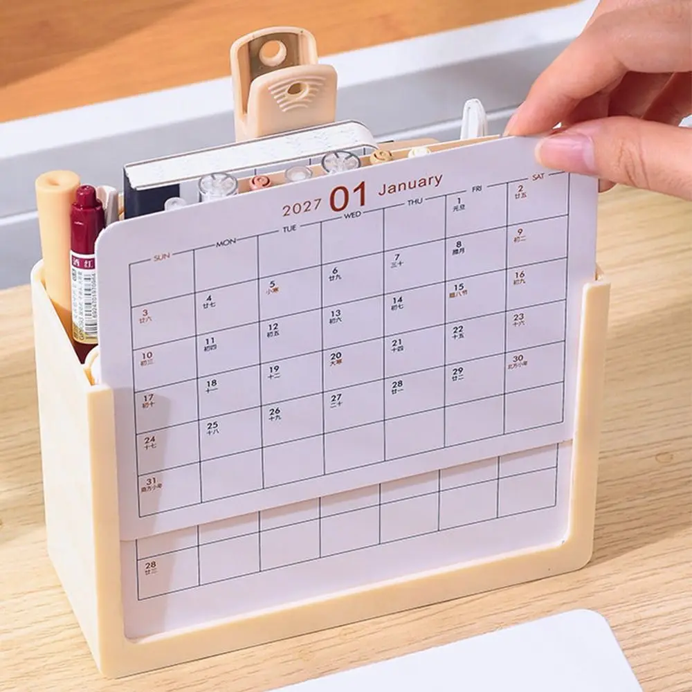 Space-Saving 2027 Desk Calendar Pen holder Plastic October 2026 - December 2027 Desktop Stationery Organizer Lightwight 3 Grids