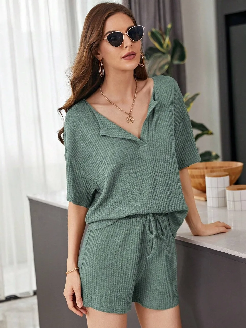 2024 New Short sleeved Waffle Casual Set Fashion Shorts Set,Shirt & Shorts image 4