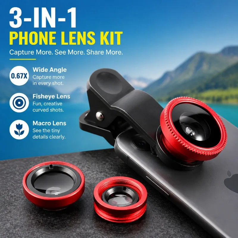 

External Phone Lens Kit Wide Angle Fisheye Lenses High Definition Filters for Front and Rear Cameras Portable Photography