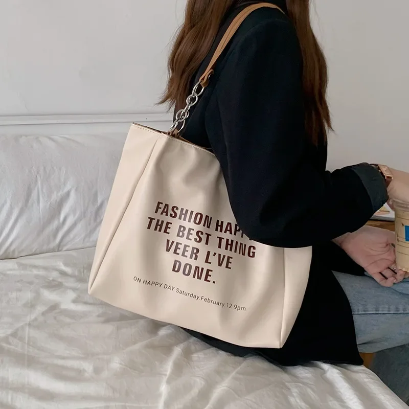 New PU Large Capacity Tote Bag Female Contrast Letters Fashion Shoulder Commuter Student Big Handbags Bags