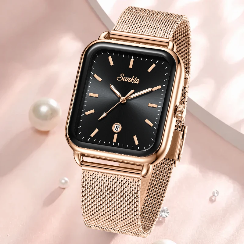 Sunkta Luxury Elegant Women's Wristwatch Fashion Retro Stainless Belt Clock Casual Sport Classic Calendar Waterproof Woman Watch