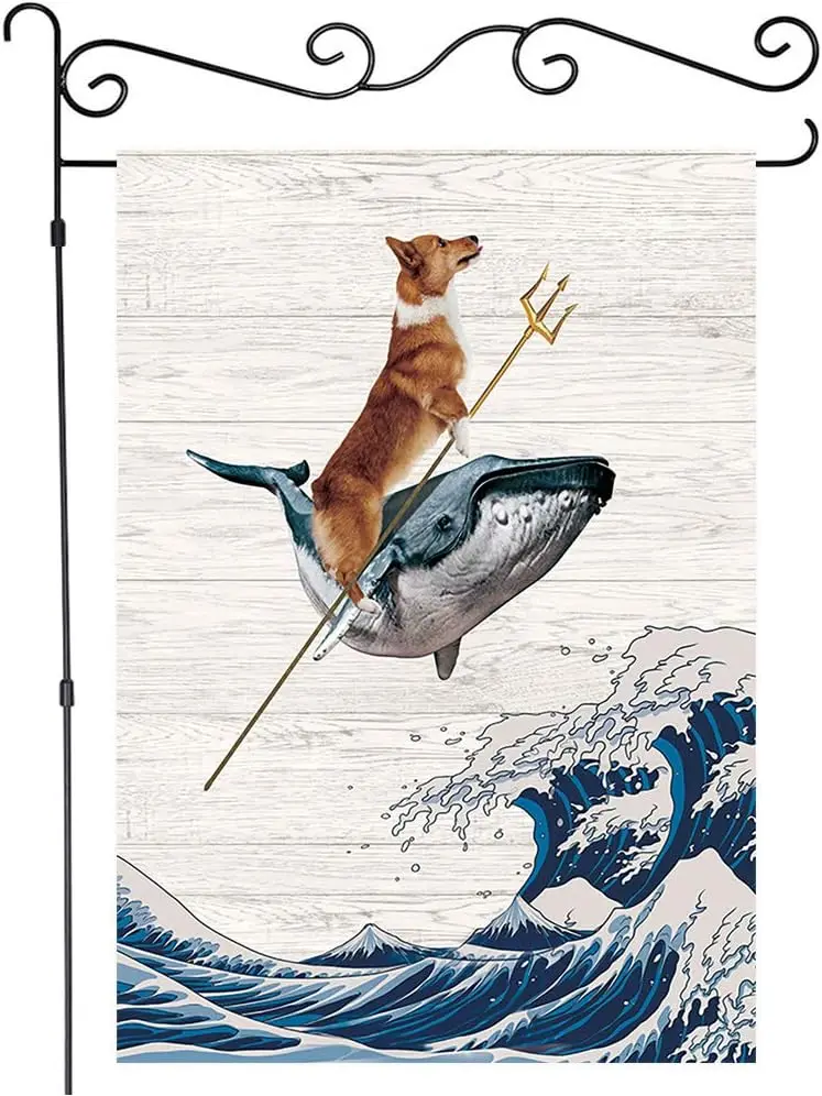 JAWO Funny Corgi Dog Garden Flag, The Corgi Rides a Whale On Huge Waves Rustic Wooden Board, House Flag Yard Signs Banner Outdoo