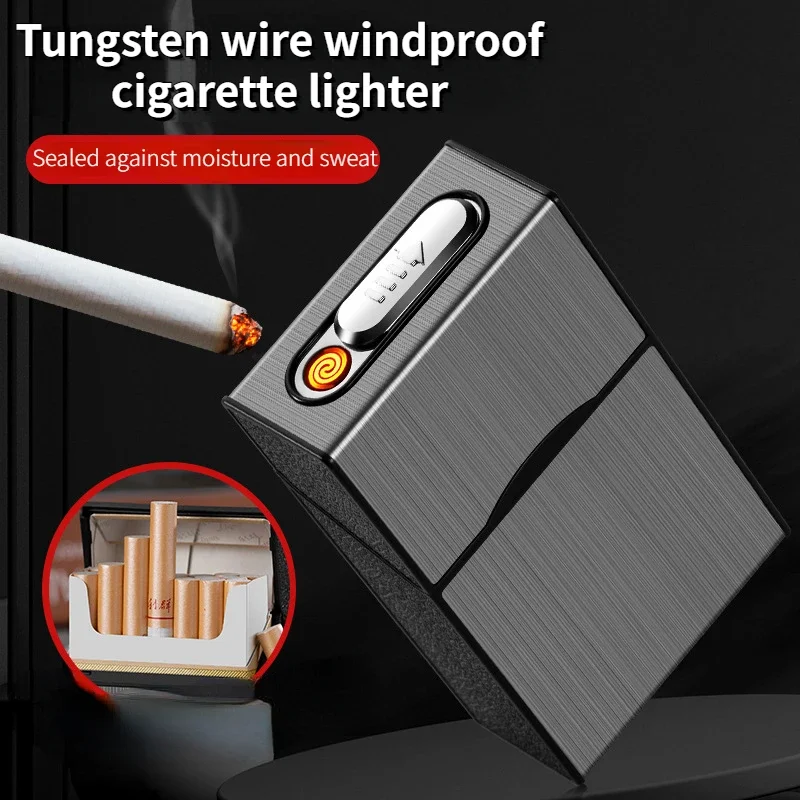 

2024 New Metal Rechargeable Cigarette Box with 20 Regular Lighters, Integrated USB Rechargeable Cigarette Lighter Cigarette Box